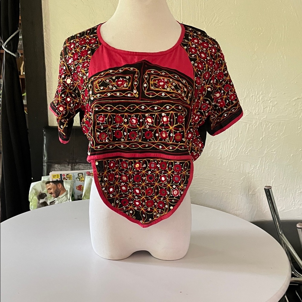 Embroidered Red and Black Women’s Crop Top